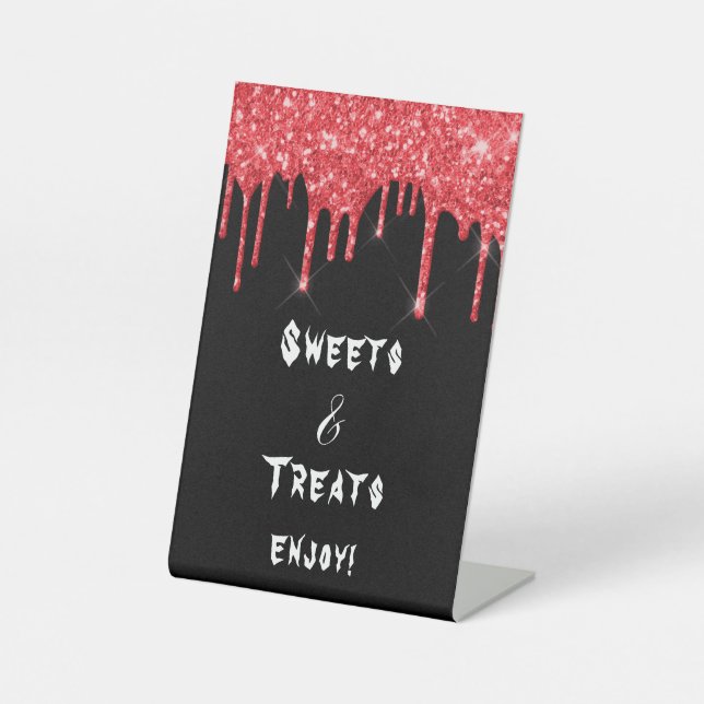 Black red glitter drips sweets Treats Halloween Pedestal Sign (Front)