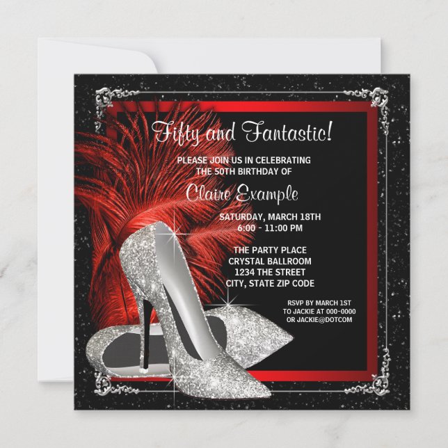 Black Red Glitter High Heels Womans 50th Birthday Invitation (Front)