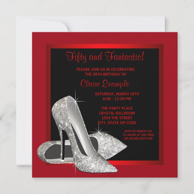 Black Red Glitter High Heels Womans 50th Brithday Invitation (Front)