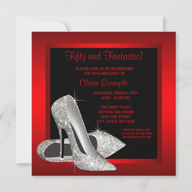 Black Red Glitter High Heels Womans 50th Brithday Invitation (Front)