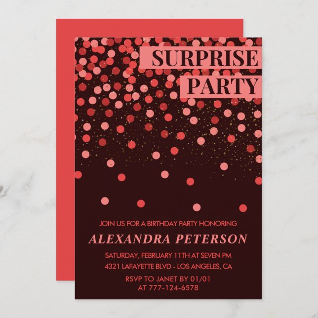  Black Red Glitter Surprise birthday 63rd birthday Invitation (Front/Back)