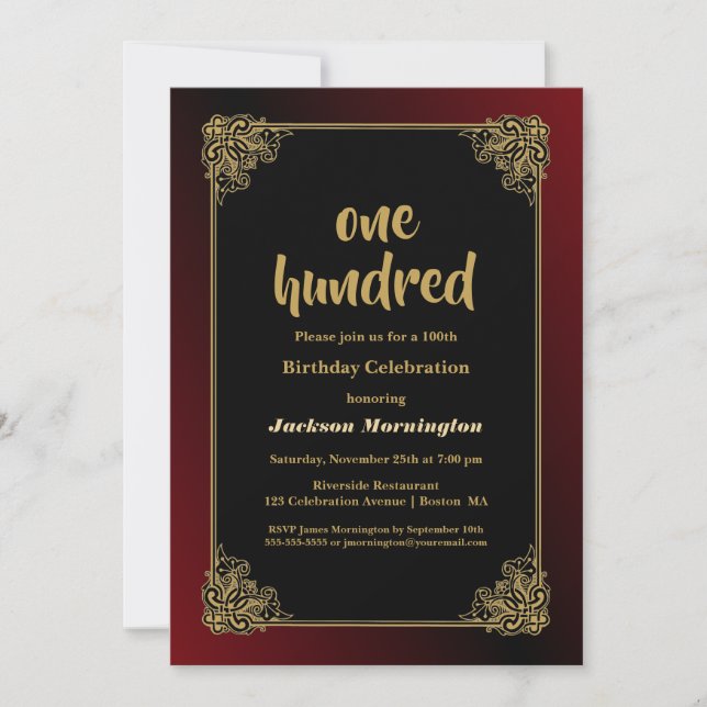 Black Red Gold 100th Birthday Celebration Invitation (Front)