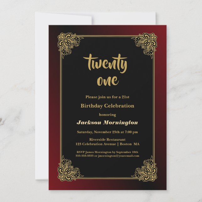 Black Red Gold 21st Birthday Celebration Invitation (Front)