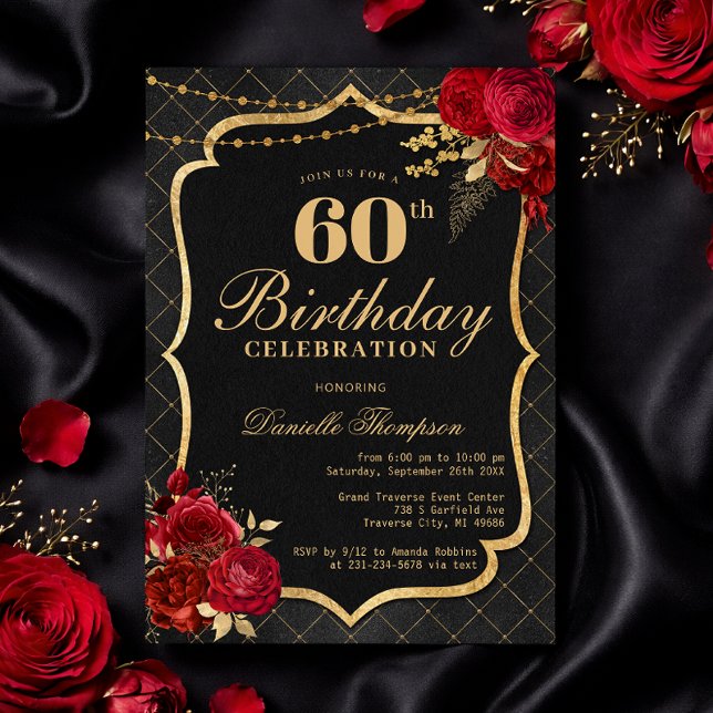 Black, Red & Gold 60th Birthday Invitation (Black, Red & Gold 60th Birthday Invitation with Roses
)