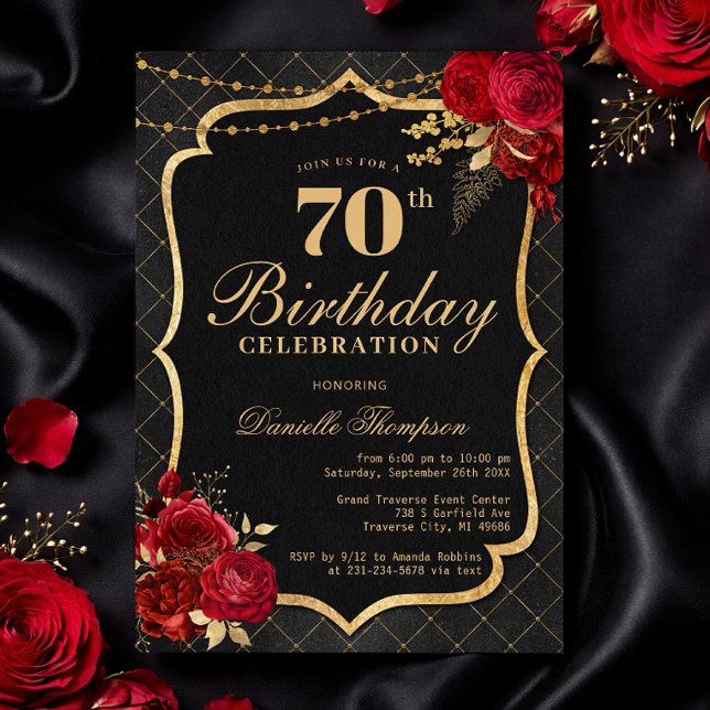 Black, Red & Gold 70th Birthday Invitation (Black, Red & Gold 70th Birthday Invitation with Roses)