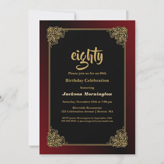 Black Red Gold 80th Birthday Celebration Invitation (Front)