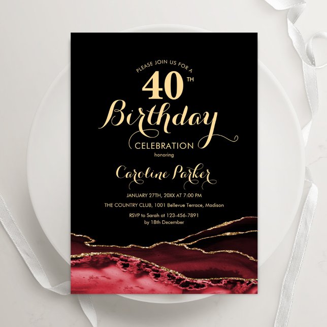 Black Red Gold Agate 40th Birthday Invitation (Creator Uploaded)