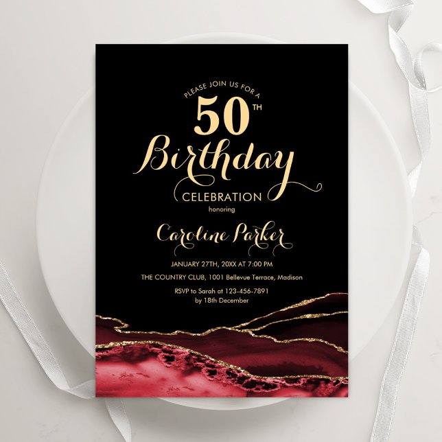 Black Red Gold Agate 50th Birthday Invitation (Creator Uploaded)