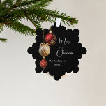 Black red gold baubles Christmas decor Tree Decoration Card<br><div class="desc">A modern black coloured background. Decorated with red and gold baubles and some greenery and a pine cone.  Personalise and add your name,  year.  Text: Merry Christmas</div>
