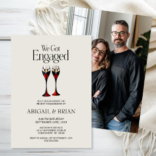 Black Red Gold Champagne Glasses Engagement Party Invitation