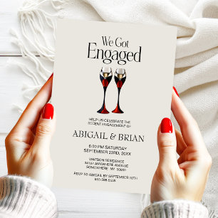 Black Red Gold Champagne Glasses Engagement Party Invitation
