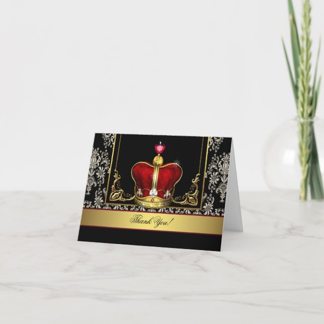 Black Red Gold Crown King Prince Thank You Cards (Front)