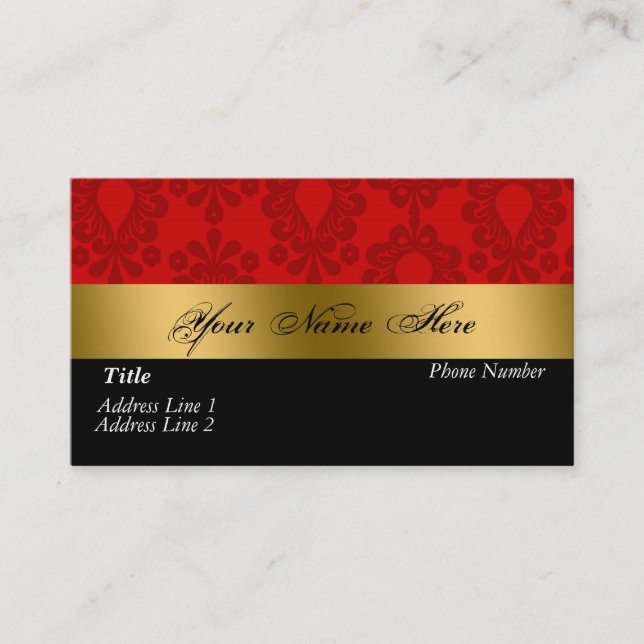 Black Red Gold Damask Business Card (Front)
