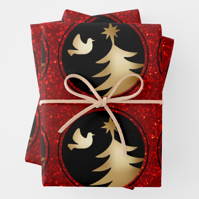 Black Red Gold Dove Christmas Tree Wrapping Paper Sheet (In situ)