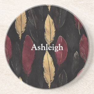 Black Red Gold Feathers Birthday Coaster