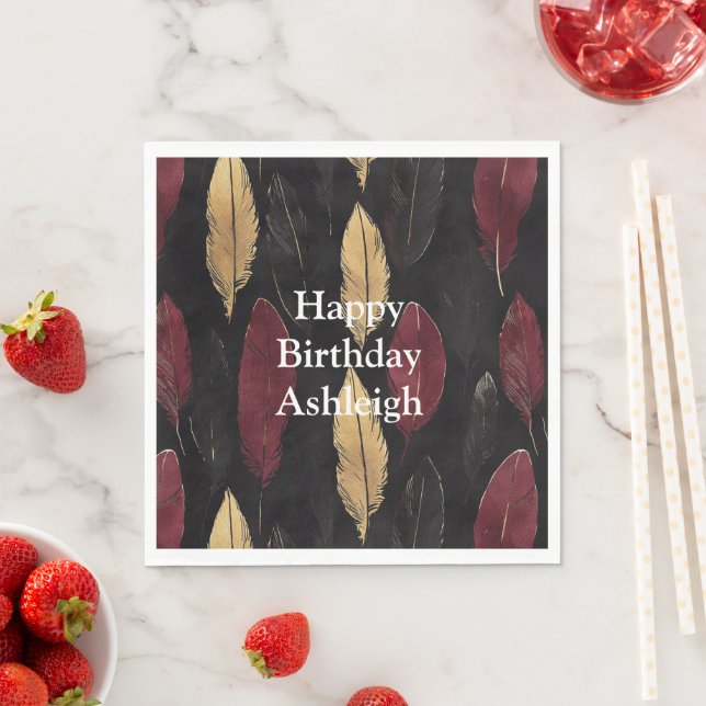 Black Red Gold Feathers Birthday Napkin (Insitu)