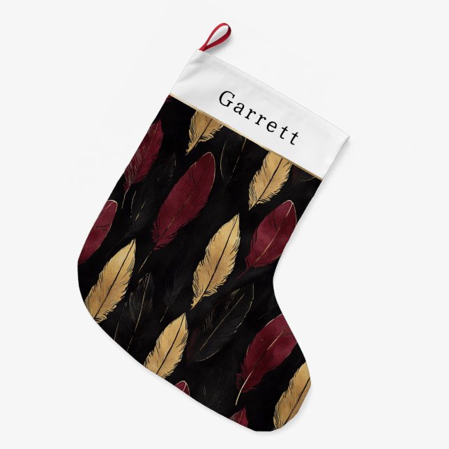 Black Red Gold Feathers Christmas Large Christmas Stocking (Front (Hanging))
