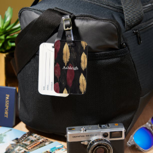 Black Red Gold Feathers   Luggage Tag