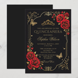 Black Red Gold Floral Butterfly Quinceanera Invitation