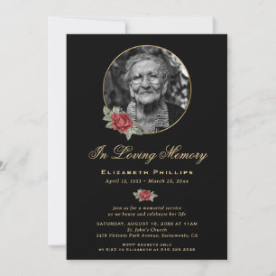 Black Red Gold Floral Photo Memorial Service Invitation