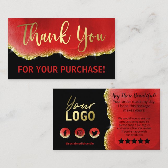 Black Red Gold Glitter Foil Agate Thank You Business Card (Front/Back)