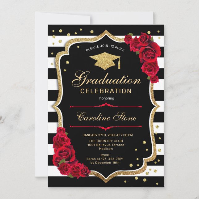 Black Red Gold Graduation Party Invitation (Front)