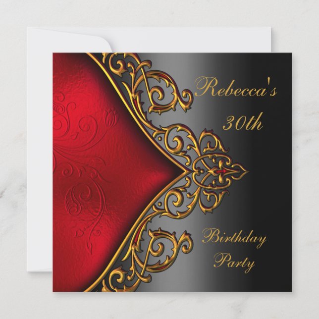 Black Red Gold Jewel 30th Elegant Birthday Party Invitation (Front)