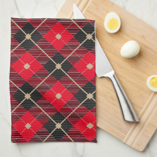 Black Red Gold Lumberjack Plaid Pattern Tea Towel