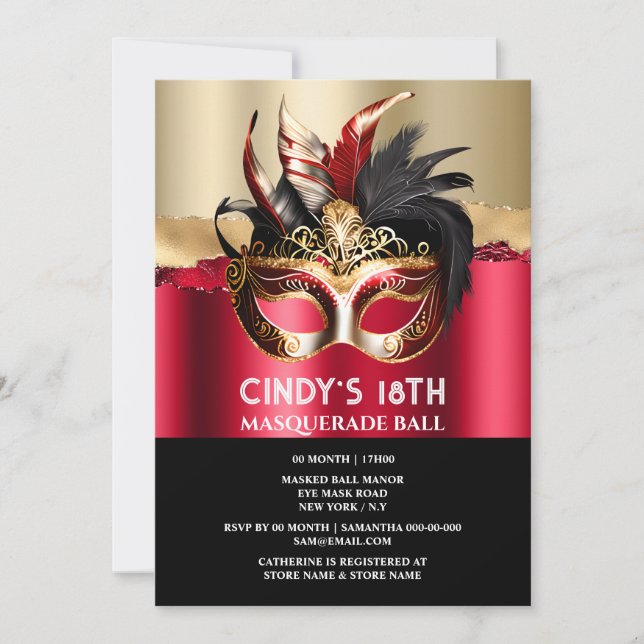 Black red gold masquerade birthday face mask chic invitation (Front)