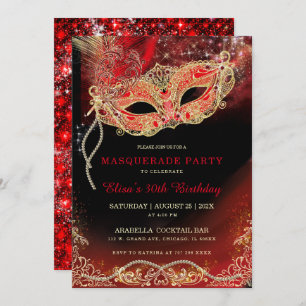 Black Red Gold  Masquerade Invitation