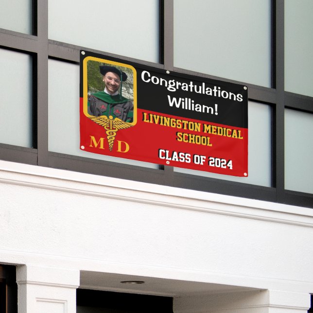Black, Red & Gold Medical School Graduation Banner (Outside Building)