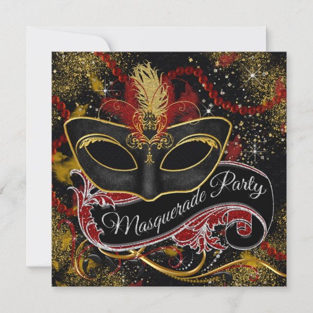 Black Red Gold Pearl Glam Masquerade Party Invitation (Front)