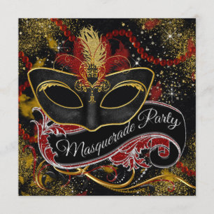 Black Red Gold Pearl Glam Masquerade Party Invitation