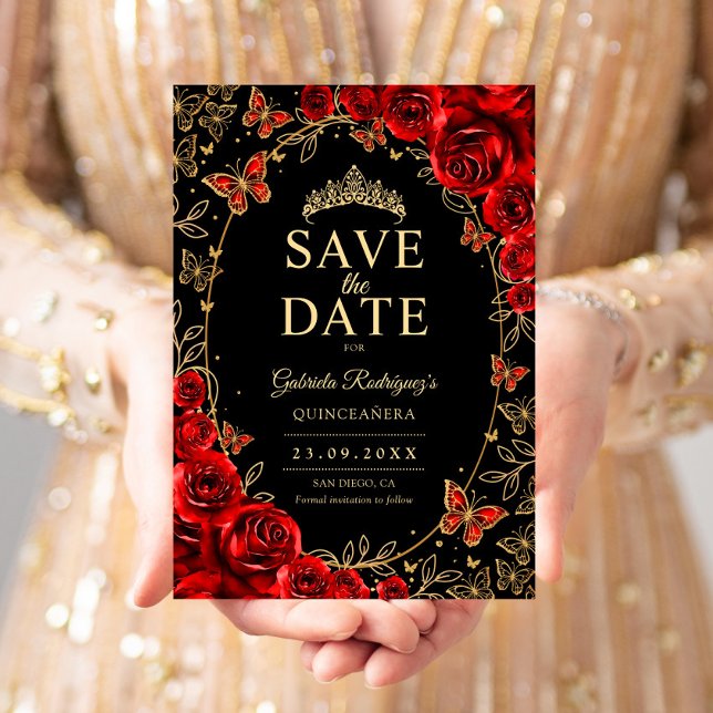 Black Red Gold Quinceanera Floral Save The Date (Creator Uploaded)