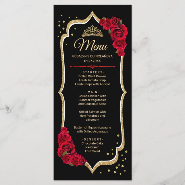 Black Red Gold Quinceanera Menu (Front)