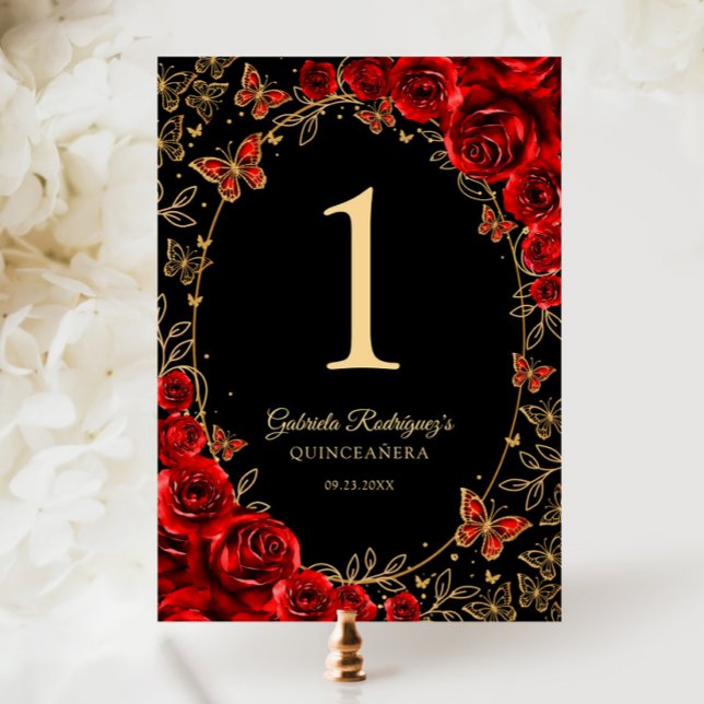 Black Red Gold Quinceanera Table Number (Creator Uploaded)