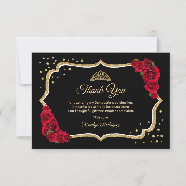 Black Red Gold Quinceanera Thank You Card (Front)