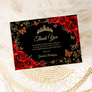 Black Red Gold Quinceanera Thank You Card