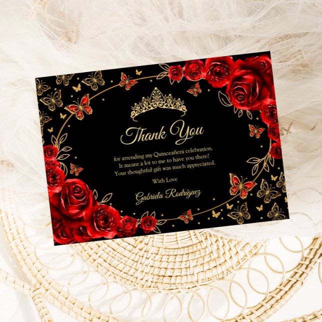Black Red Gold Quinceanera Thank You Card (Creator Uploaded)