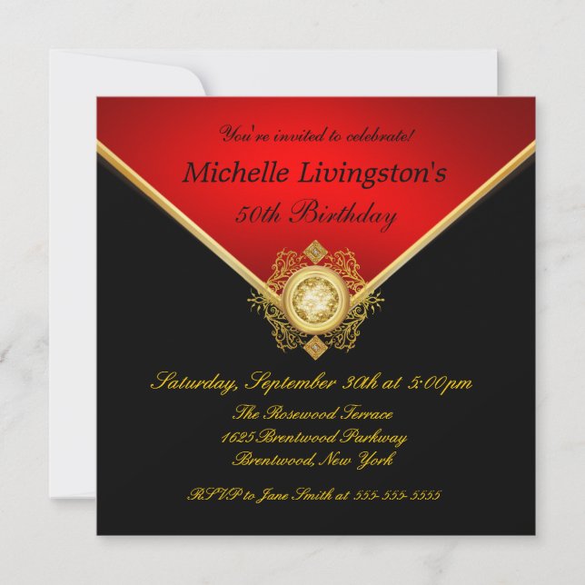 Black Red Gold Rhinestone Birthday Invitations (Front)