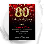 Black Red Gold Surprise 80th Birthday Invitation<br><div class="desc">Surprise 80th birthday party invitation. Elegant red black design with faux glitter gold. Features stylish diamonds, bokeh lights and script font. Men or women bday invite. Perfect for a stylish adult birthday party. Personalise with your own details. Message me if you need further customisation. Printed Zazzle invitations or instant download...</div>