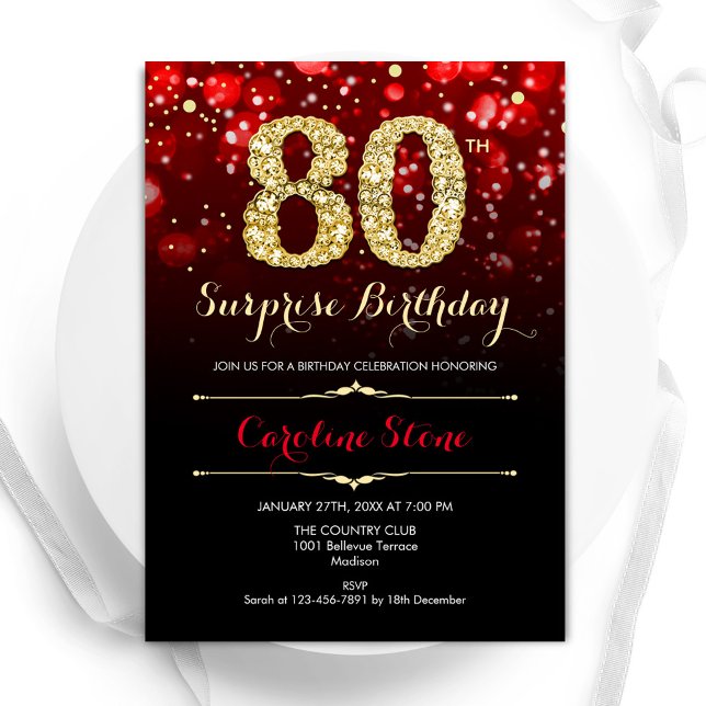 Black Red Gold Surprise 80th Birthday Invitation (Creator Uploaded)