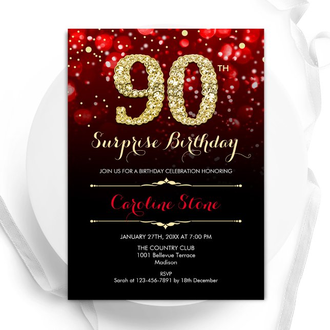 Black Red Gold Surprise 90th Birthday Invitation (Creator Uploaded)