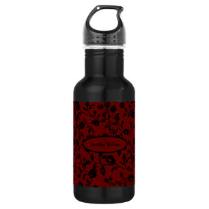 Black Red Gothic Floral Water Bottle with Name