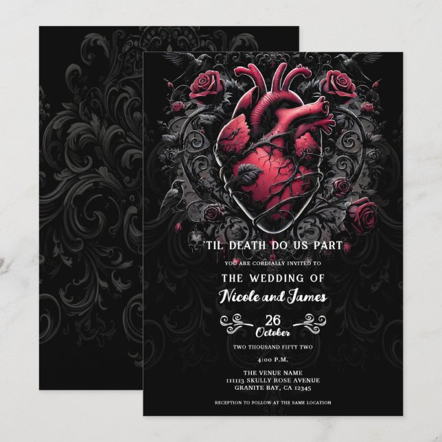 Black & Red Gothic Love Heart Wedding  Invitation (Front/Back)