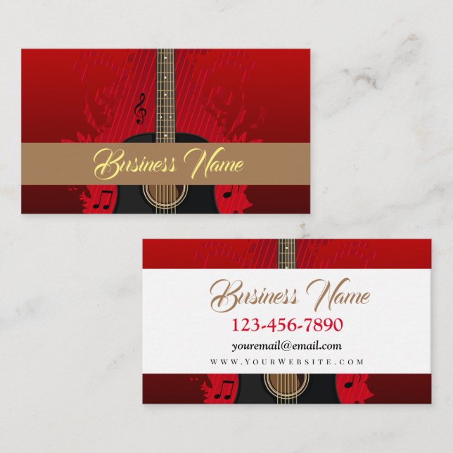 Black Red Gradient Guitar Music Notes Modern Business Card (Front/Back)