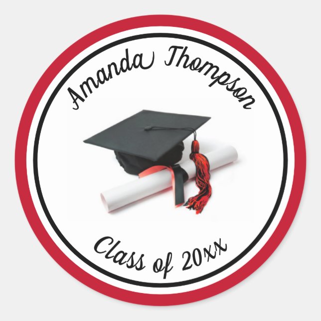 Black Red Graduation Cap and Tassel Classic Round Sticker (Front)