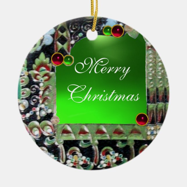 BLACK RED GREEN ART NOUVEAU GEMSTONE MONOGRAM CERAMIC TREE DECORATION (Front)