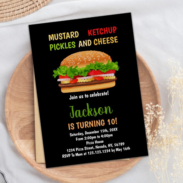 Black Red Green Burger Birthday Invitations (Black Red Green Burger Birthday Invitations)