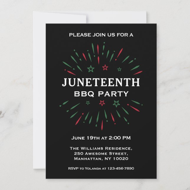 Black Red Green Fireworks Juneteenth BBQ Party Invitation (Front)
